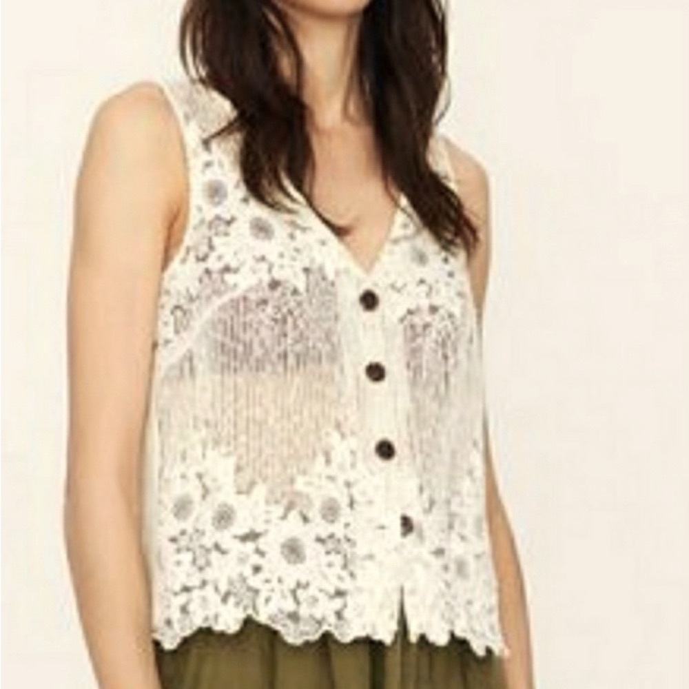 ZARA EMBROIDERED SHEER LACE LINEN COTTON BLEND VEST TOP